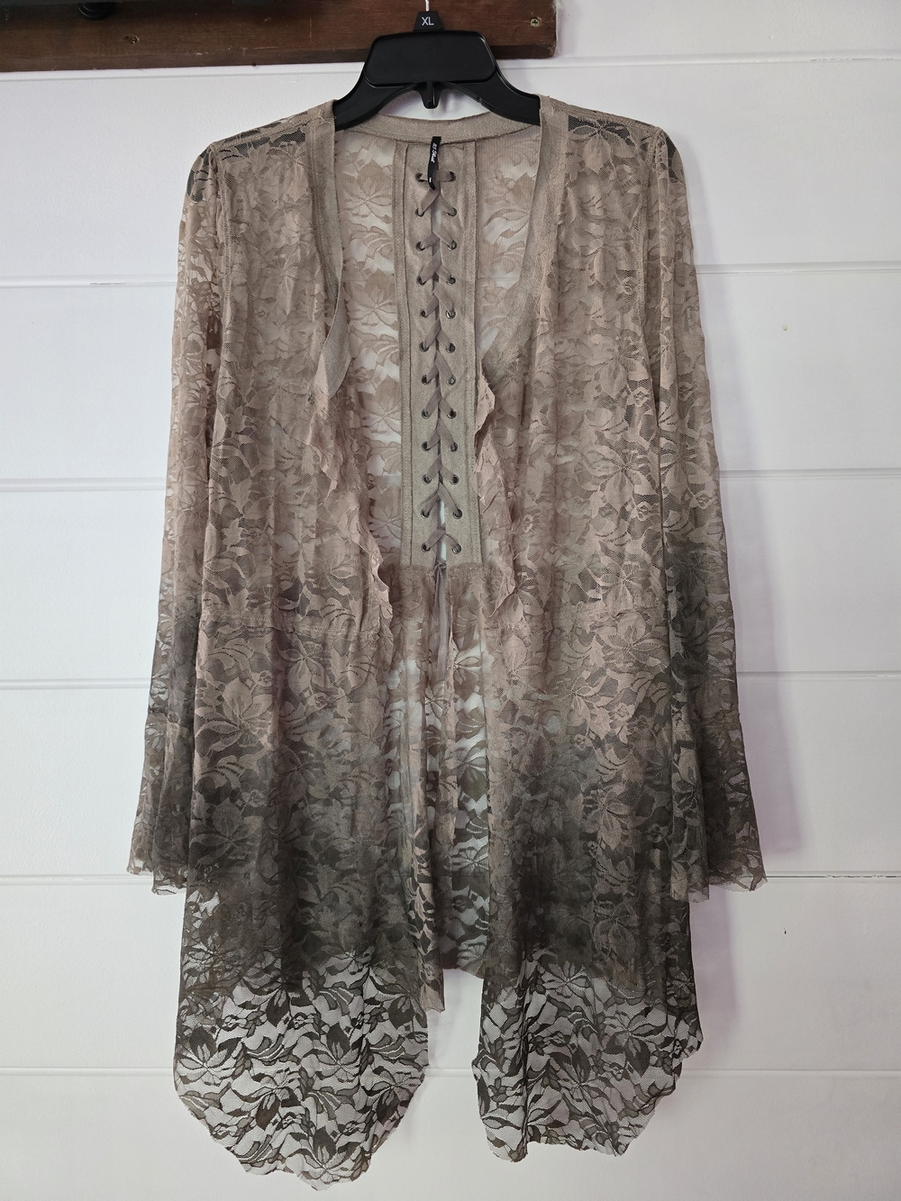 Lace Sheer Open-Front Tunic Cardigan - Taupe Ombre STUNNING LACE Medium